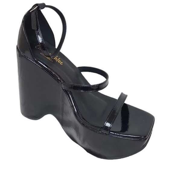 CHASE + CHOLE ASTRA PLATFORM WEDGE ANKLE STRAP SANDAL IN BLACK METALLIC - Picture 1 of 6